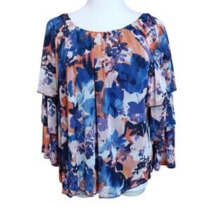 NEW PERSEPTION CONCEPT Boho Blouse Top M Watercolor Ruffle Floral Cottage Career